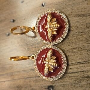 Gold and Burgundy Red Bee Dangle Earrings With Crystals. Bees Are The Rage